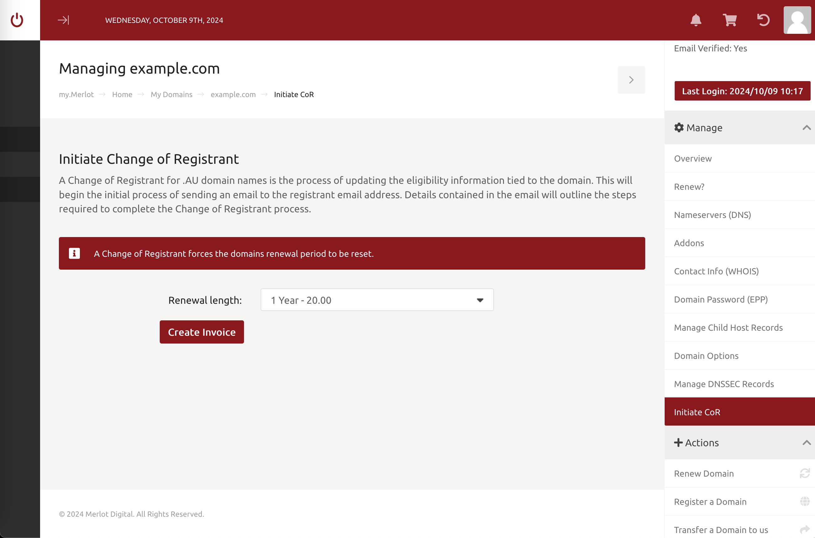 Screenshot showing what the AU CoR initialisation page looks like, where you can select how many years for the NEW domain name license.